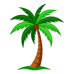 Simple, vibrant illustration of a classic palm tree with green fronds and a brown trunk, rooted in a patch of grass, symbolizing tropical climates and relaxation.