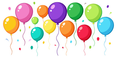 A cheerful cluster of colorful balloons in various sizes and hues, floating upwards with strings, accompanied by falling confetti, symbolizing celebration and festivity.