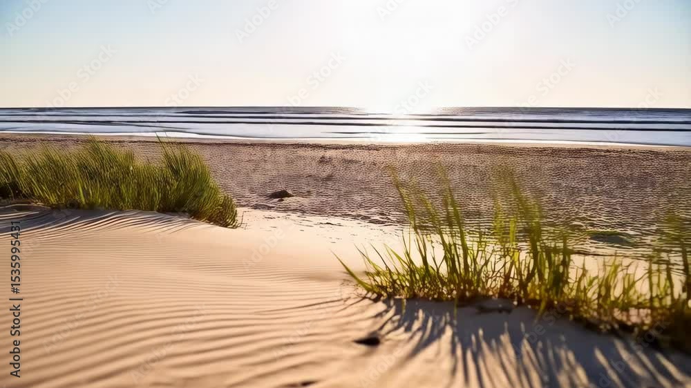 Poster close-up view of a sandy dune with grass in the foreground and ocean in the background on a bright s