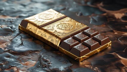 Luxury dark chocolate bar with gold embossed wrapper