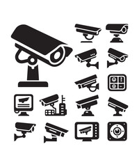 cctv icons, surveillance camera icons set silhouette vector on white background.