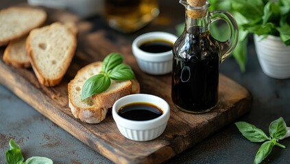 Toasted bread slices with balsamic glaze and fresh basil