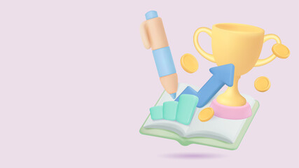 Concept illustration of achievement school education book education design concept. Books, pencil, gold trophy.space for inserting text or announcements.