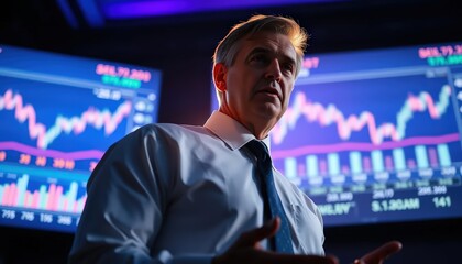 A middle-aged man in a white dress shirt and navy blue tie giving a presentation