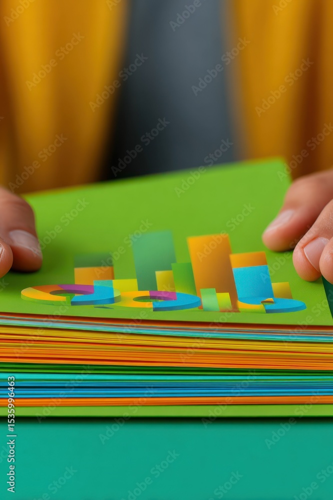 Poster closeup hands holding colorful data chart on stack of papers