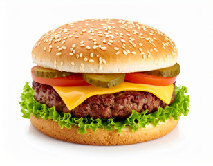 Juicy Cheeseburger A Classic American Culinary Delight, Featuring Sesame Seed Bun, Melted Cheese, Fresh Toppings, and a Perfectly Grilled Patty