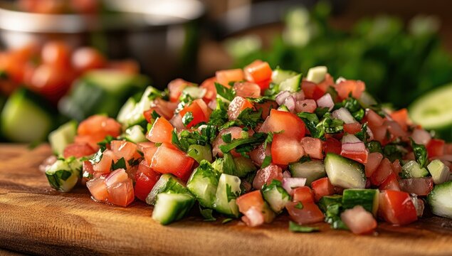 Fresh diced vegetables salad on a wooden board
