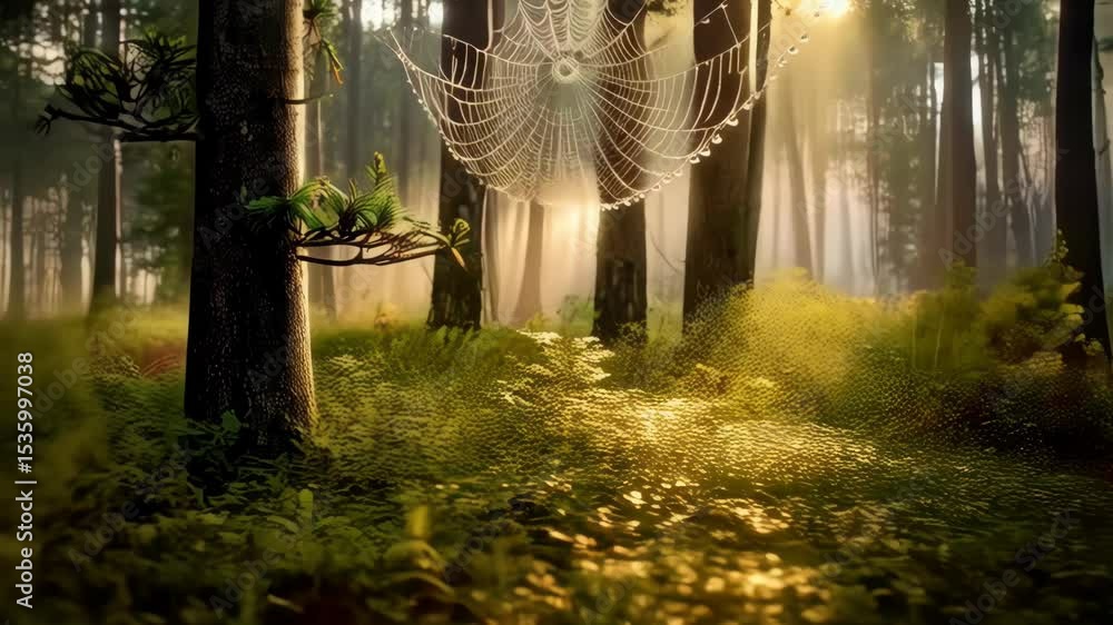 Poster spiderweb adorned with dewdrops hangs in a forest during golden hour, illuminated by sunlight pierci