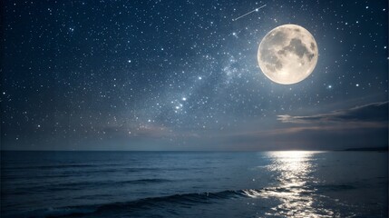 Serene night seascape with full moon and starry sky