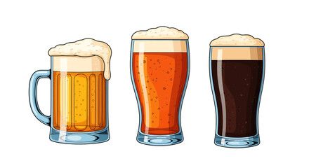Three Different Styles of Beer Glasses with Frothy Foam