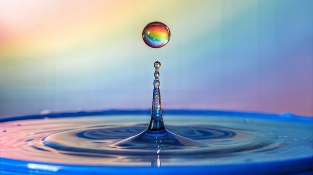Rainbow water drop impacting still surface