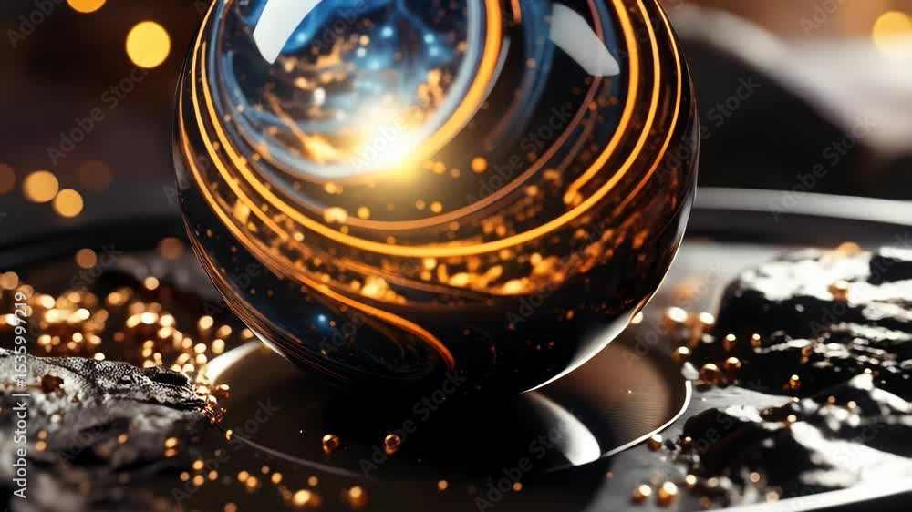 Poster gleaming sphere with swirling orange streaks and cosmic center reflects light on dark surface creati