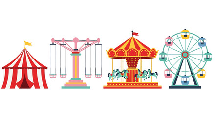Amusement Park Rides: Ferris Wheel, Carousel, Swing Ride, and Circus Tent