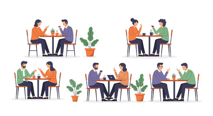 People at tables drinking coffee and talking, with potted plants