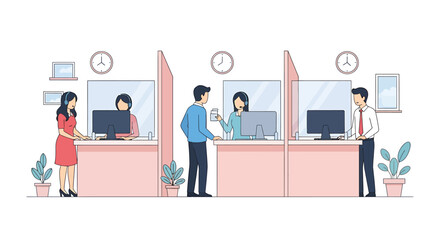 Illustration of Customer Service Representatives Assisting Clients in Office