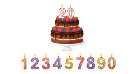 Delicious Two-Tier Chocolate Birthday Cake with Strawberries and Blueberries, Number 20 Candles