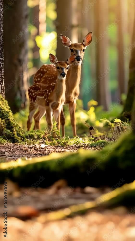 Poster two young deer standing together in a lush forest with soft light filtering through the trees, creat
