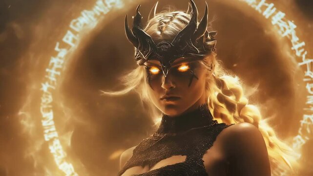 Golden light and magical runes surround a fierce female warrior, a valkyrie from norse mythology, wearing an elaborate horned helmet and dark armor