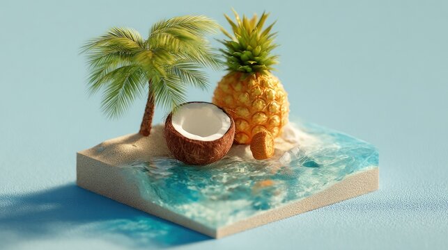 Tropical island miniature scene with fruits