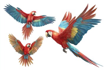 Obraz premium Colorful parrots in dynamic poses, tropical birds showcasing flight and perching behavior isolated on white background