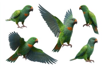 Colorful parrots in dynamic poses, tropical birds showcasing flight and perching behavior isolated on white background