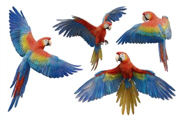 Colorful parrots in dynamic poses, tropical birds showcasing flight and perching behavior isolated on white background