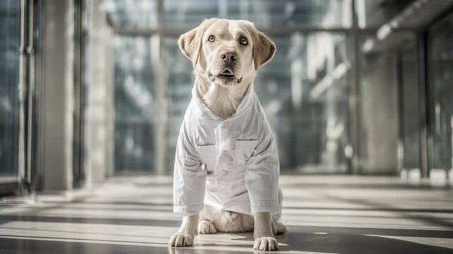 Adorable light beige labrador retriever wearing white lab coat seated in modern indoor space professional looking animal portrait photography