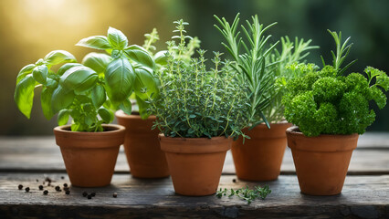 Obraz premium Fresh Herbs in Terracotta Pots A Culinary Garden Delight
