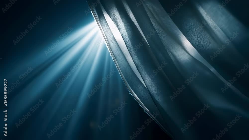 Poster soft volumetric light rays filtering through slightly parted curtains, casting deep shadows and crea