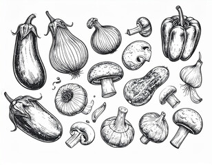 Hand-Drawn Vegetable and Mushroom Illustration Collection Eggplant, Onion, Pepper, Garlic, and More