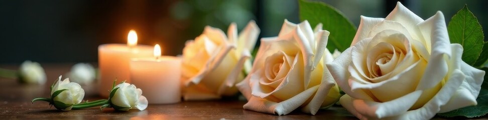 Pure white roses & flickering candles create serene memorial , beauty, purity, candles