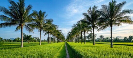 Fototapeta premium Palm-lined path through a vibrant rice paddy