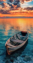 Obraz premium A weathered wooden rowboat rests peacefully on calm water at sunset