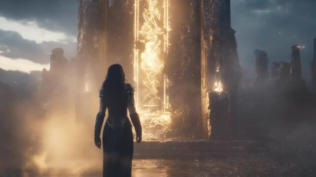 Powerful female warrior walking toward glowing magical portal, traversing mysterious ancient realm with intense determination and heroic presence amid atmospheric fantasy landscape
