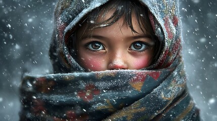 A young girl shielded by a patterned shawl during a snowy day.