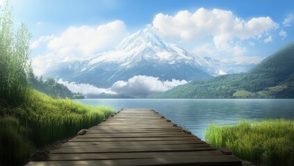 A wooden pier leads to a snow-capped mountain over a serene lake. Lush greenery borders the water's edge