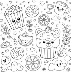 A delightful coloring page filled with kawaii doodles. This whimsical scene features charming food characters, smiling popcorn box,  sweet bear cupcake, happy donuts, and other cute, friendly treats.
