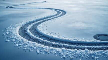 Curving tire tracks carved into fresh snow on a frozen surface, creating a striking pattern against a cold, icy landscape.