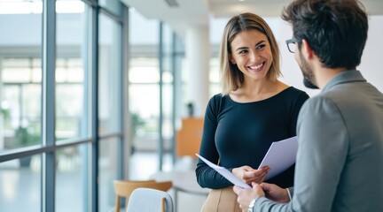 Two professionals engage in a friendly conversation in a modern office with large windows and natural light.