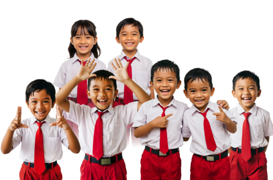 Indonesian Elementary School Students in Red and White Uniforms on transparent background
