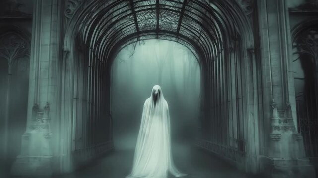 Ethereal figure in white robes materializing under an ancient gothic archway within a mysterious, fog filled forest, creating a chilling and otherworldly atmosphere