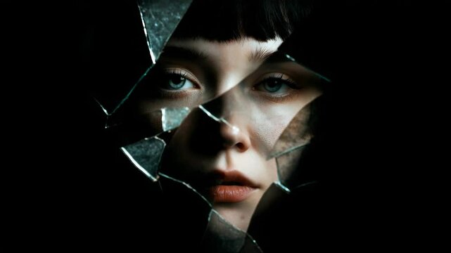 Close up portrait of a woman with broken glass on face dramatic art dark background fragile appearance