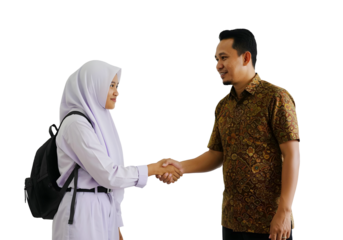 Indonesian Teacher in Uniform Greeting Student with Handshake on transparent background