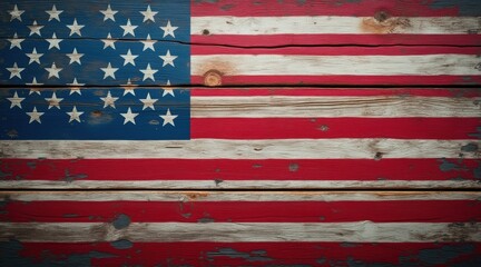 A rustic American flag painted on weathered wooden planks, showcasing an aged and distressed vintage look.