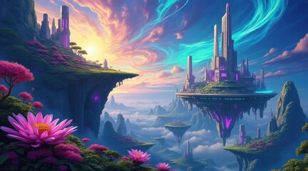 Obraz premium A surreal floating cityscape with vibrant, colorful skies, lush flora, and futuristic architecture amidst dramatic clouds and rocky formations.