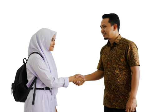 Indonesian Teacher in Uniform Greeting Student with Handshake on transparent background