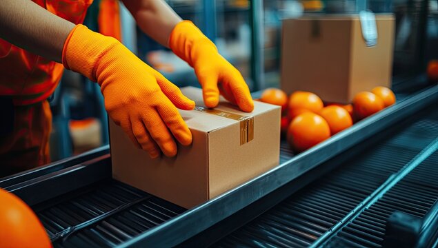 Worker in orange gloves places a cardboard box on a conveyor belt with oranges
