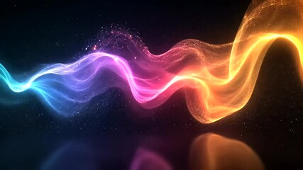 Vibrant energy wave animation with colorful particles and reflective surface background - Powered by Adobe