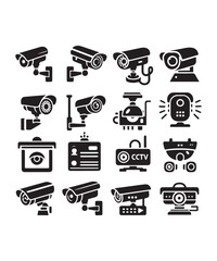 cctv icons, surveillance camera icons set silhouette vector on white background.