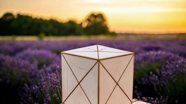 Geometric wooden cube on wooden stool within lavender flower field at sunset